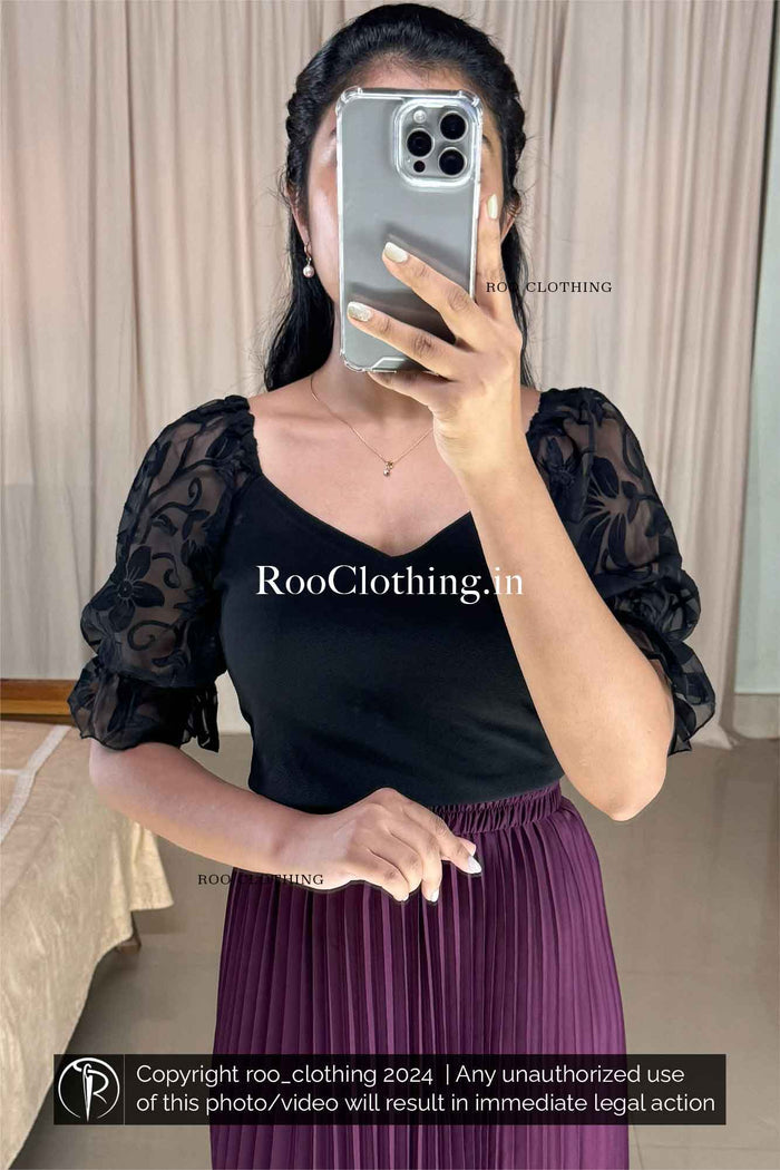 Black Sweetheart Neckline Top with Floral Embossed Mesh Puff Sleeves