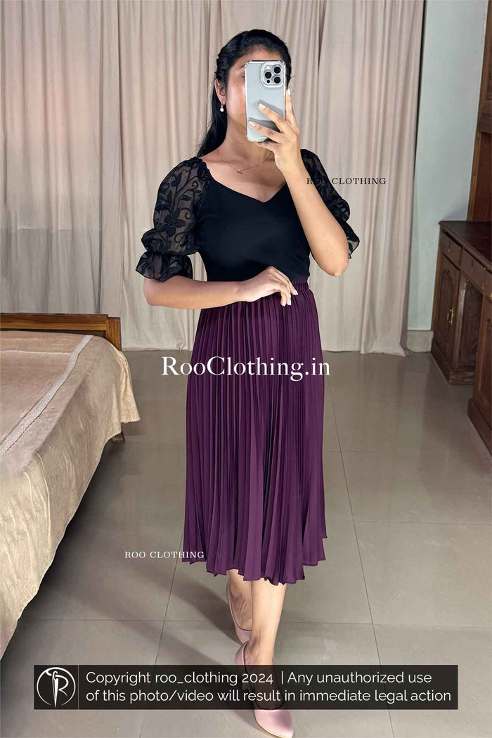 Black Sweetheart Neckline Top with Floral Embossed Mesh Puff Sleeves