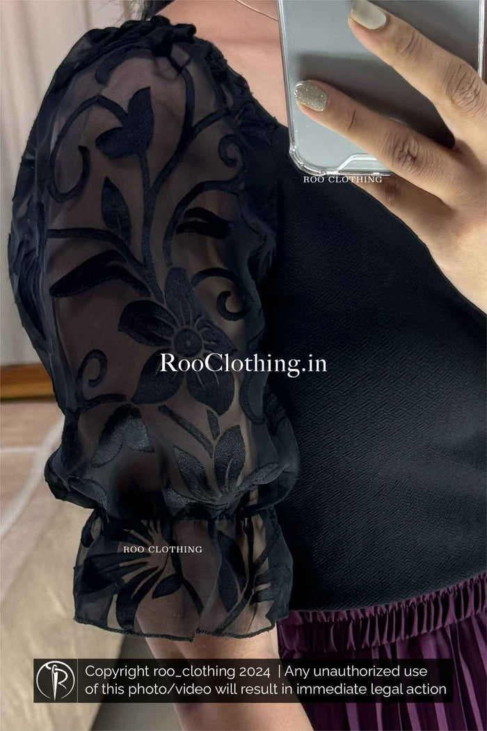 Black Sweetheart Neckline Top with Floral Embossed Mesh Puff Sleeves