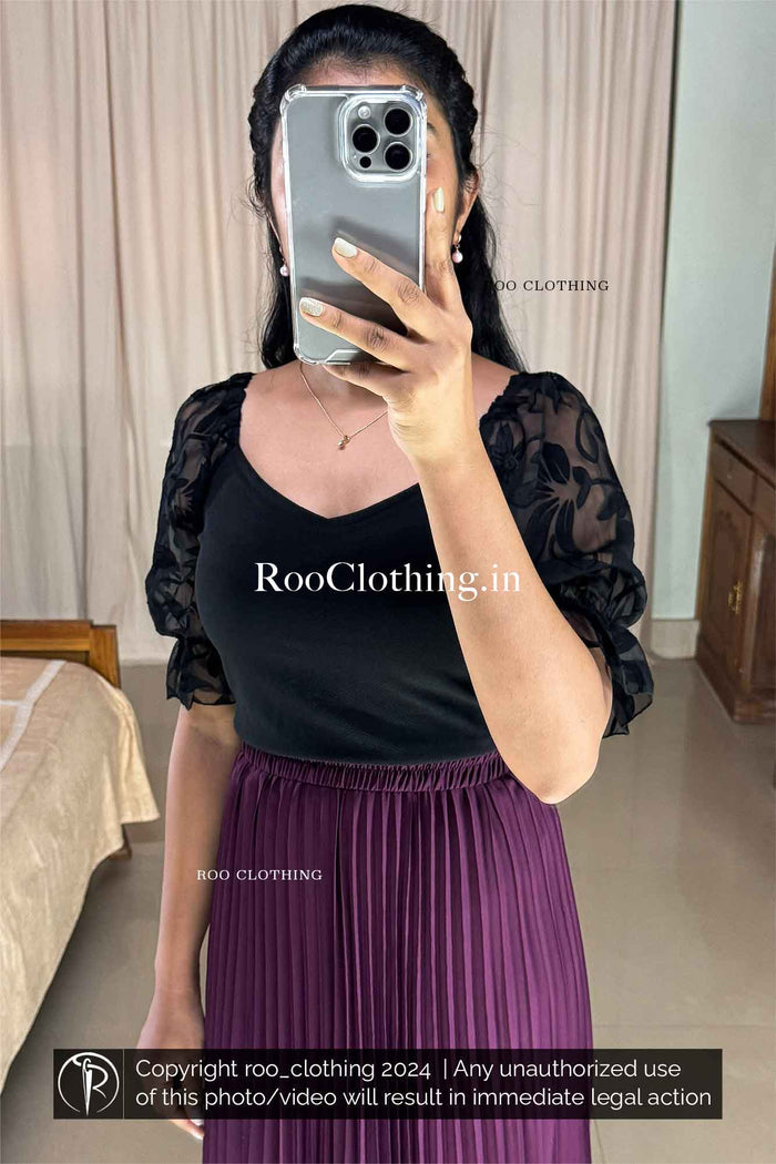 Black Sweetheart Neckline Top with Floral Embossed Mesh Puff Sleeves