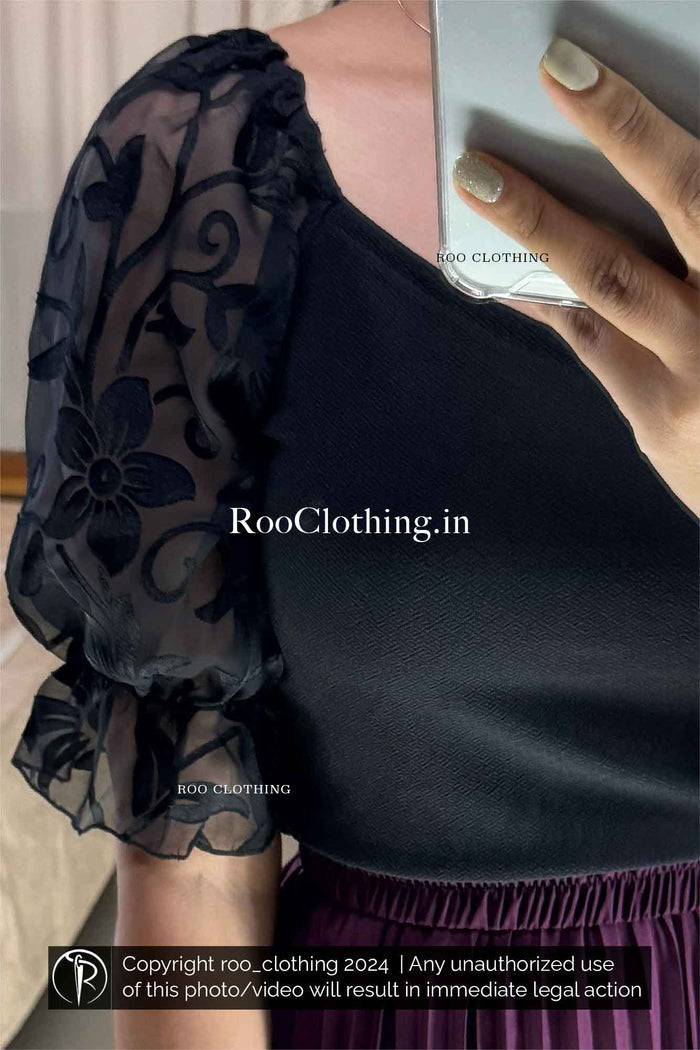 Black Sweetheart Neckline Top with Floral Embossed Mesh Puff Sleeves