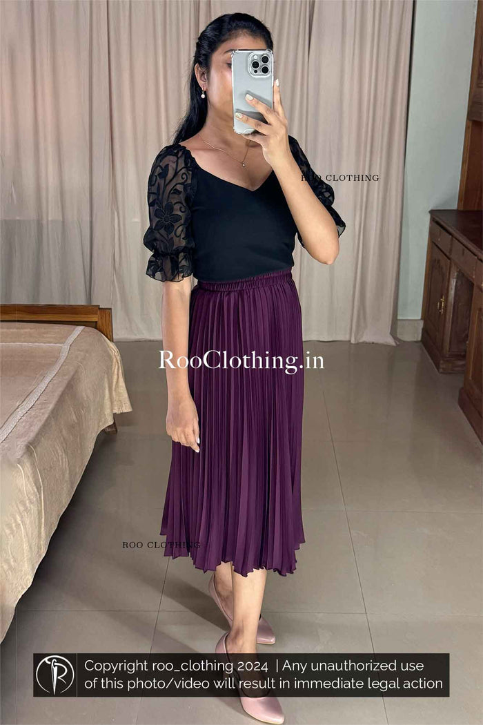 Black Sweetheart Neckline Top with Floral Embossed Mesh Puff Sleeves