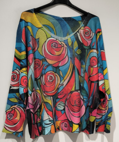 Blue Floral V-Neck Knit Printed Sweater