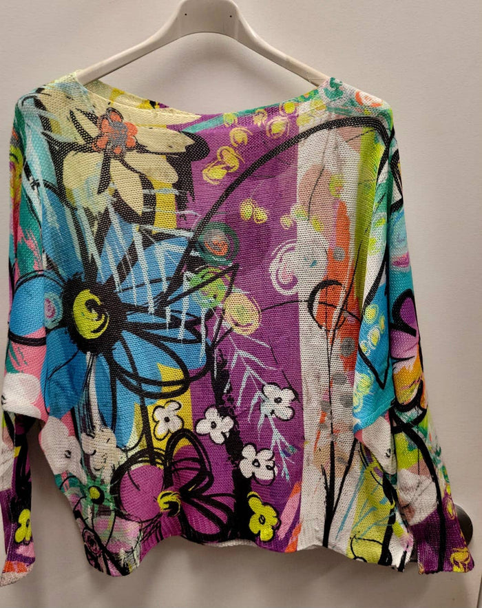 Blue Purple Floral Round Knit Printed Sweater