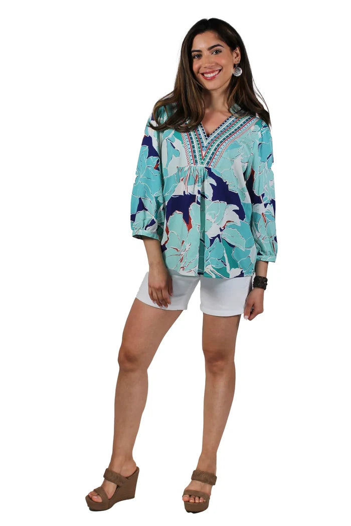 Blue Royal V-Neck 3/4 Sleeve Print Blouse