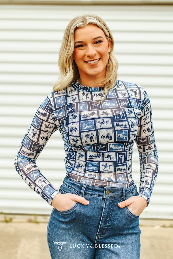 Blue Vintage Collage Printed Long Sleeve Mesh Top