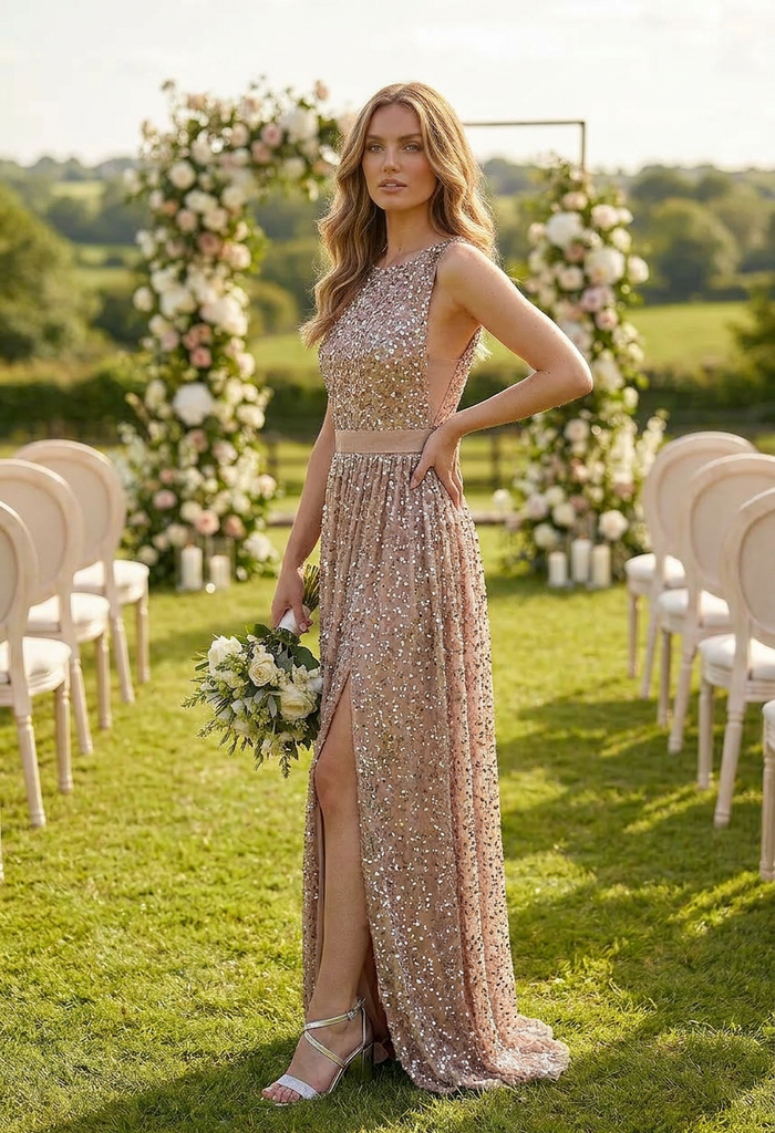 Blush Full Length Sequin Dress with Leg Slit