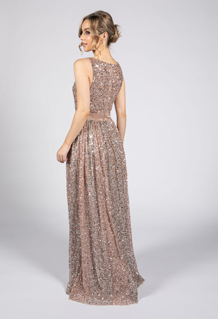 Blush Full Length Sequin Dress with Leg Slit