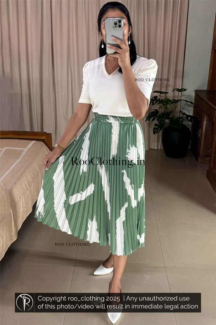 Bold Abstract White Print Mint Green Accordion Pleated Skirt