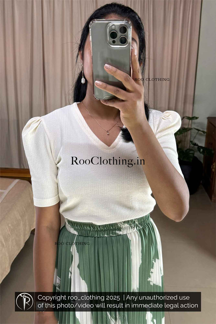 Bold Abstract White Print Mint Green Accordion Pleated Skirt