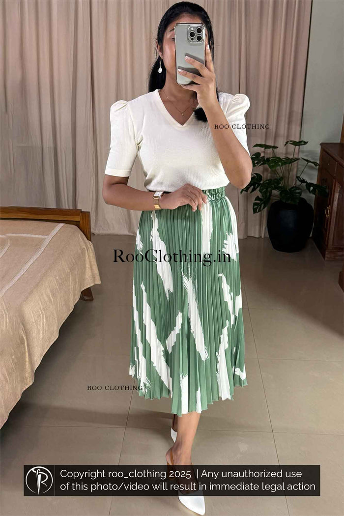 Bold Abstract White Print Mint Green Accordion Pleated Skirt