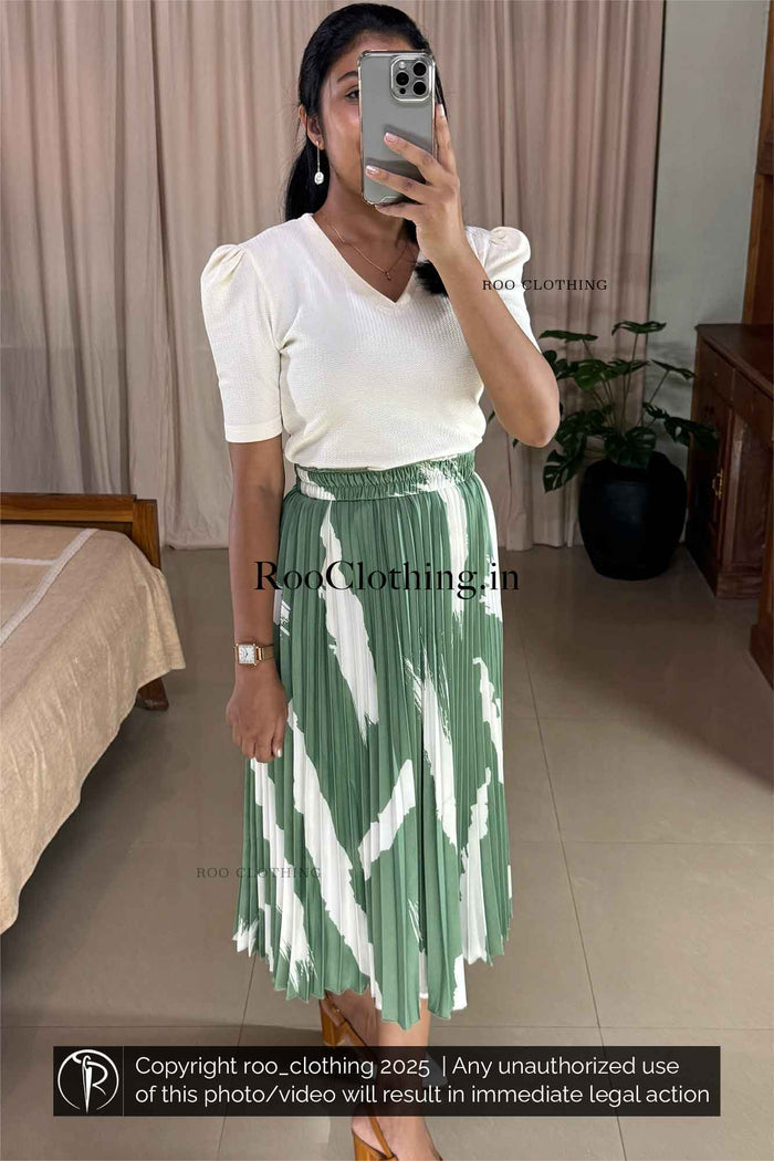 Bold Abstract White Print Mint Green Accordion Pleated Skirt