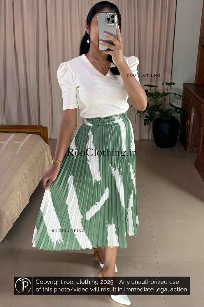 Bold Abstract White Print Mint Green Accordion Pleated Skirt