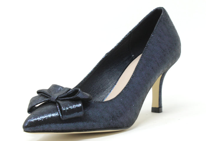 A navy colored heel with a pointed toe, bow detail, and metallic shimmer finish.