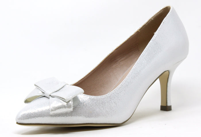 a silver heel with bow detail on a white background