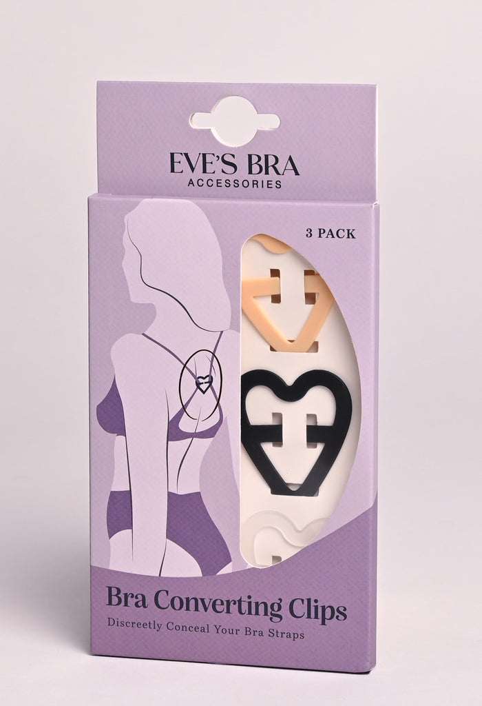 Packaging of Eve's Bra accessories with bra converting clips on a light purple background
