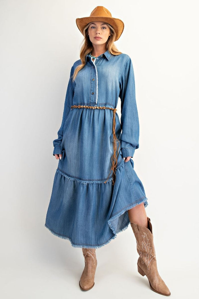BUTTON FRONT WASHED DENIM LONG DRESS