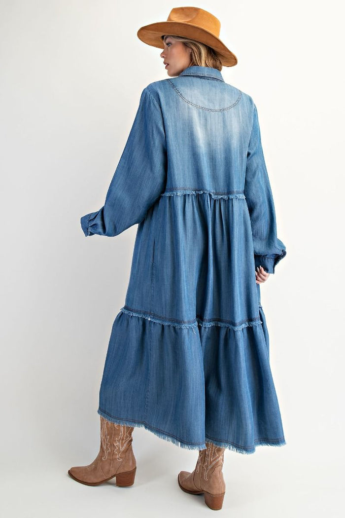 BUTTON FRONT WASHED DENIM LONG DRESS