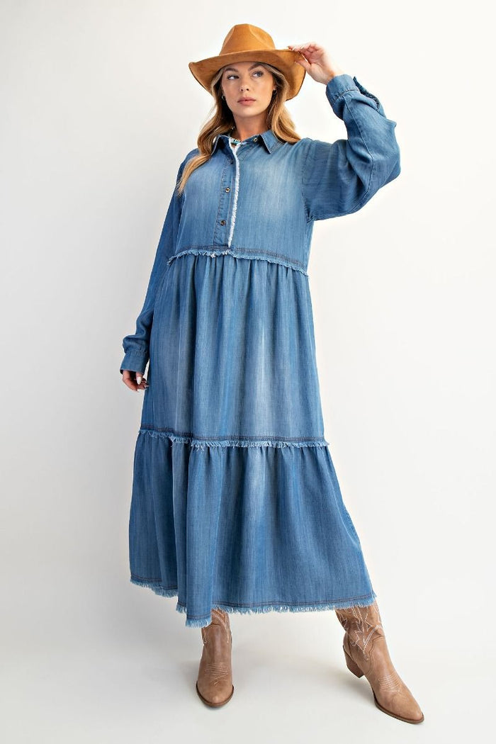 BUTTON FRONT WASHED DENIM LONG DRESS