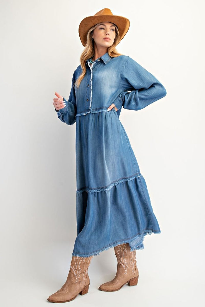 BUTTON FRONT WASHED DENIM LONG DRESS