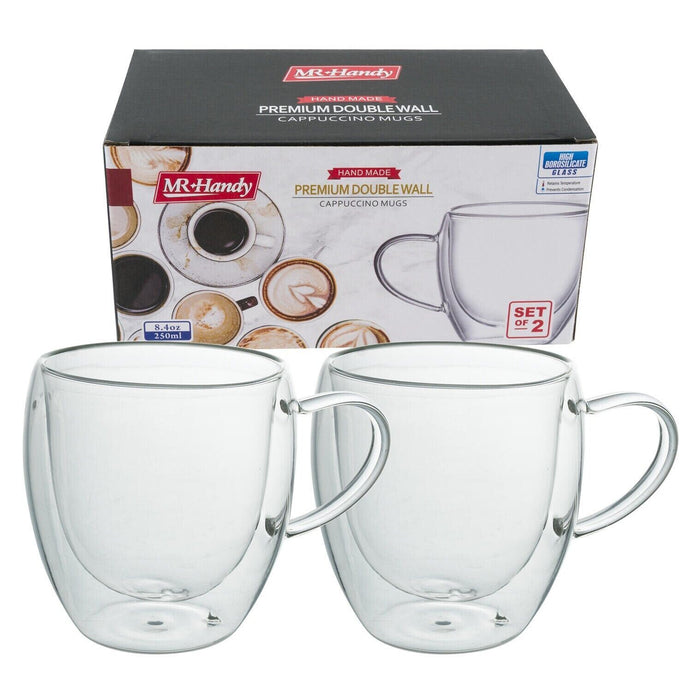 Cappuccino Mugs Double Wall Thermo Borosilicate Glass Set of 2 Cups 8oz (250ml)
