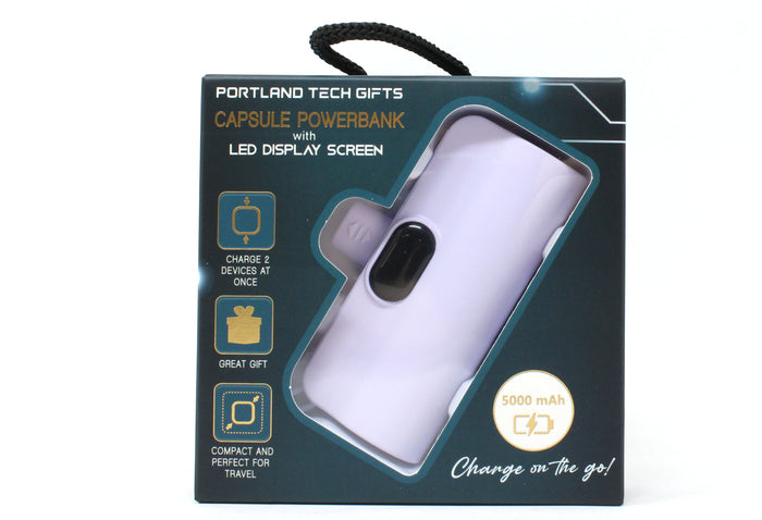 Packaging of Portland Tech Gifts capsule powerbank with LED display screen on a white background