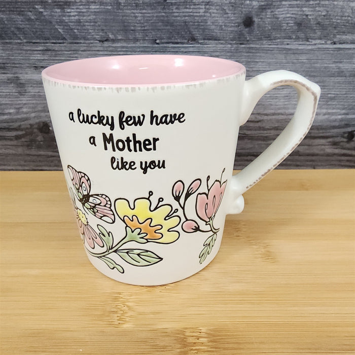 Celebrate Mom Coffee Mug Ceramic Embossed White Floral Tea Cup by Blue Sky
