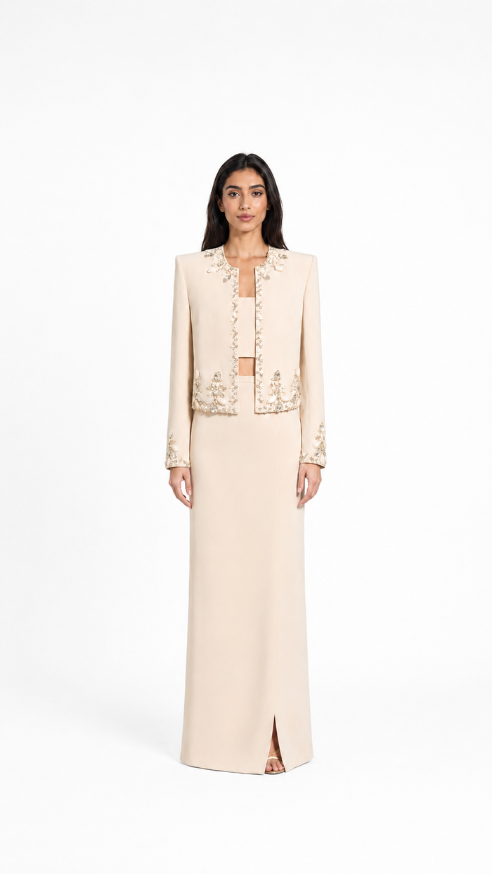 Champagne Embellished Jacket & Maxi Dress Set – CELESTE