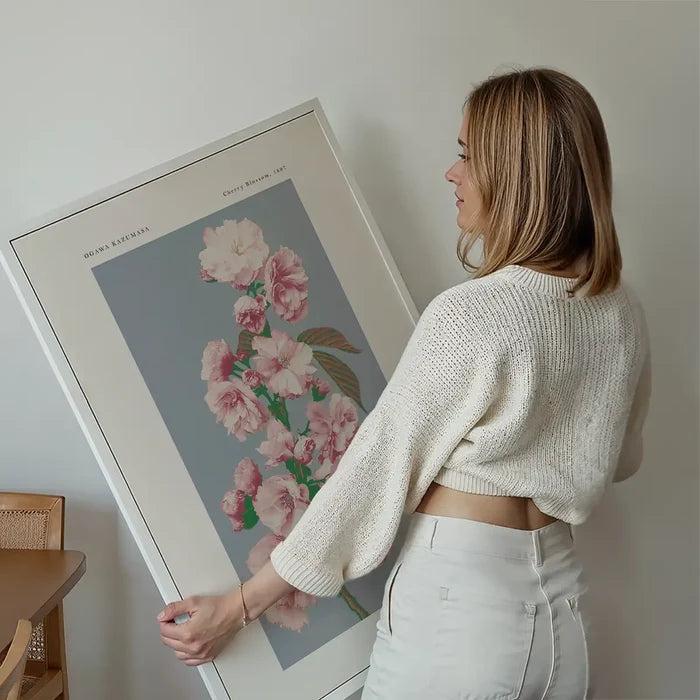 Cherry Blossom Ogawa Kazumasa Flowers Print held up against a living room wall