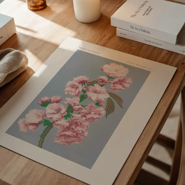 Cherry Blossom Ogawa Kazumasa Flowers Print, Japanese woodblock print unframed on a home office desk