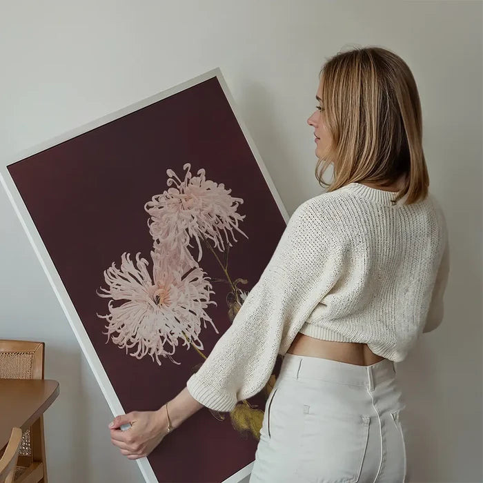 Chrysanthemum Ogawa Kazumasa Flowers Print held up against a living room wall