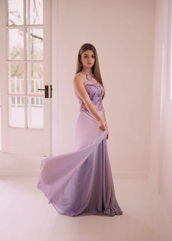 Classic Lace Bodice Flowy Evening Dress