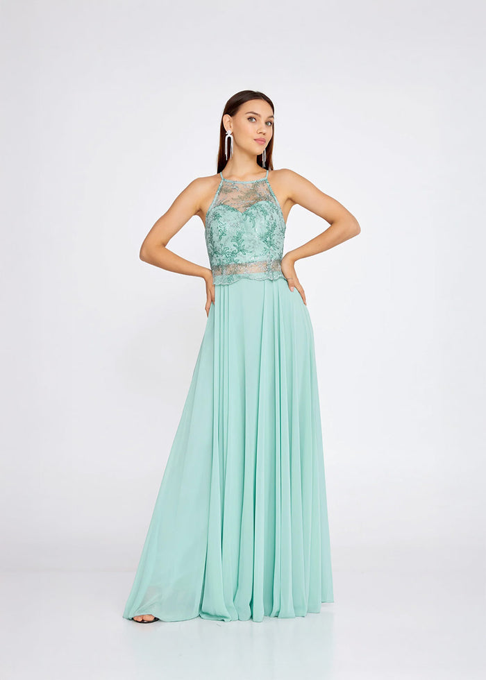 Classic Lace Bodice Flowy Evening Dress