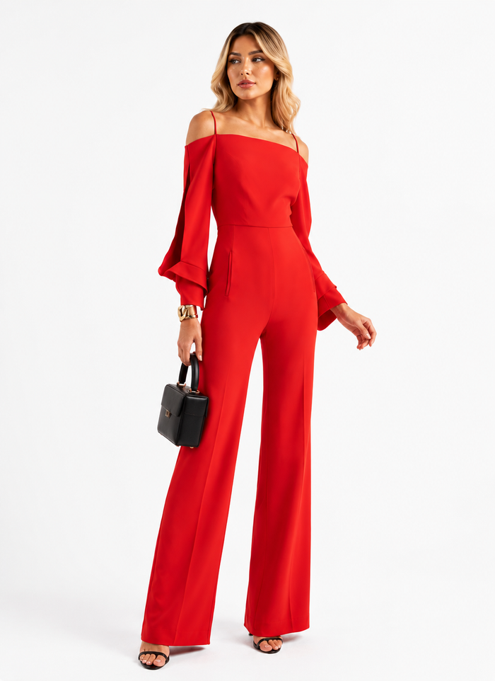 Cold-Shoulder Wide-Leg Jumpsuit - Scarlet