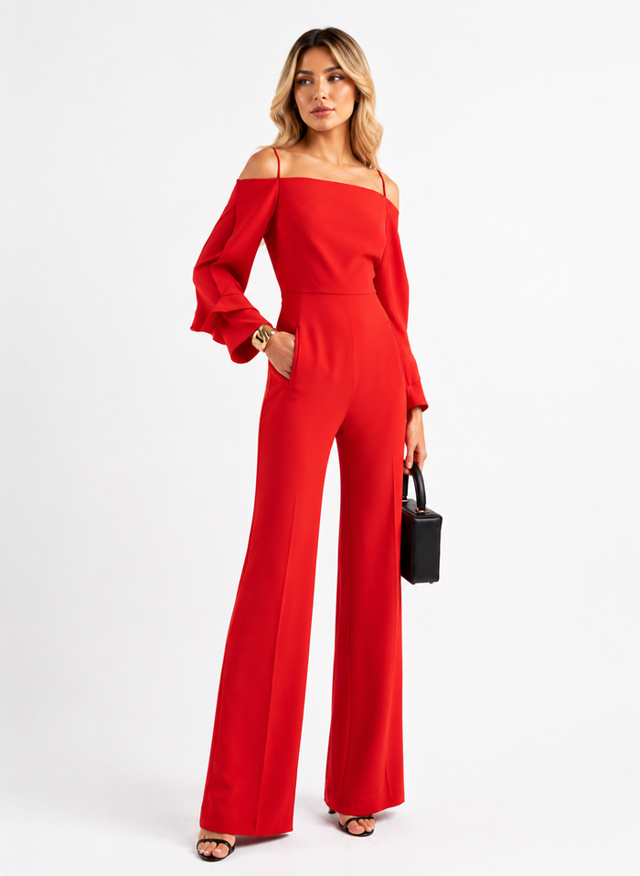 Cold-Shoulder Wide-Leg Jumpsuit - Scarlet
