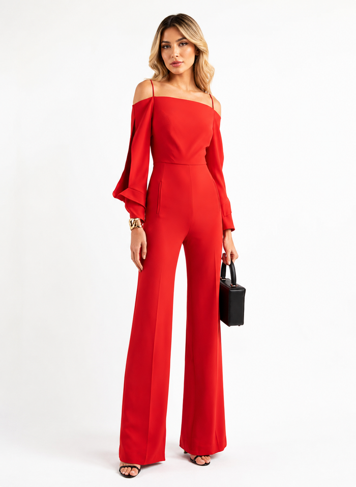 Cold-Shoulder Wide-Leg Jumpsuit - Scarlet