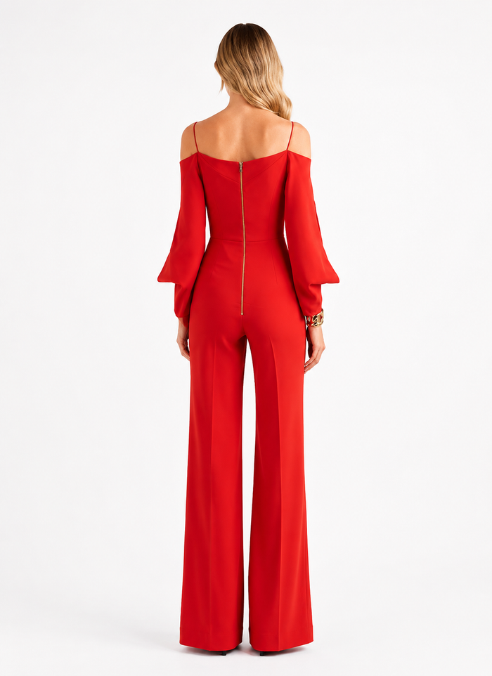 Cold-Shoulder Wide-Leg Jumpsuit - Scarlet