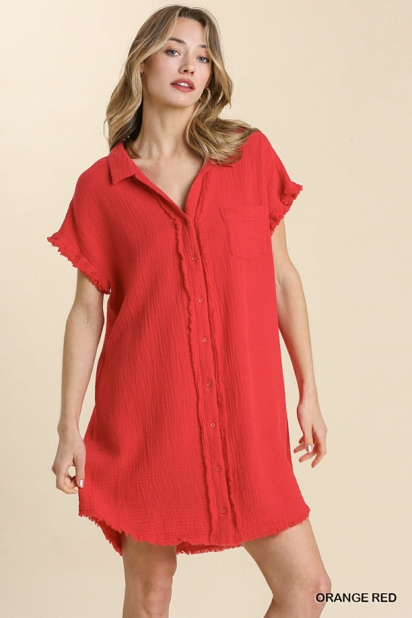 Collar Button Down Short Sleeve Gauze Shirt Dress and Frayed Edge Detail