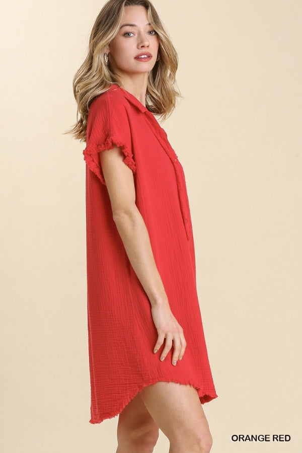 Collar Button Down Short Sleeve Gauze Shirt Dress and Frayed Edge Detail