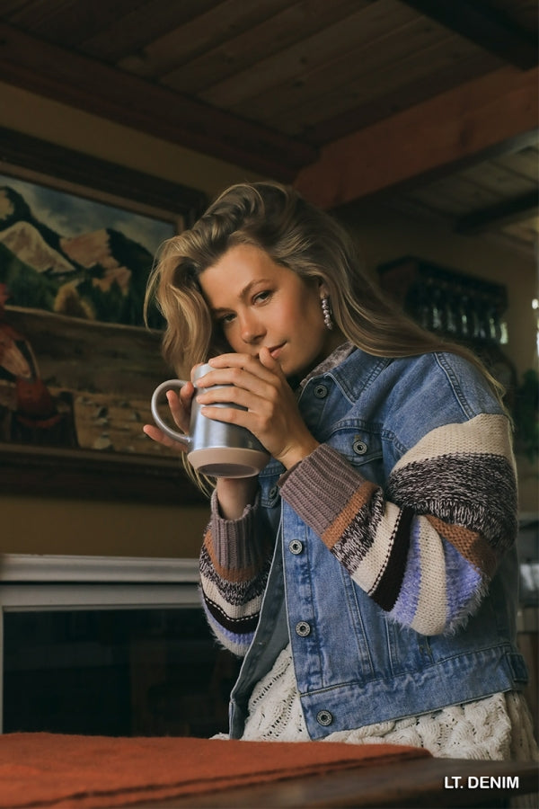 Collared Button Down Denim Jacket with Striped Knit Contrast Sleeves
