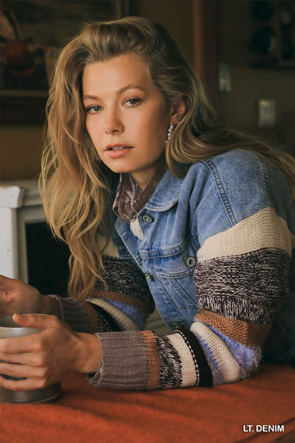 Collared Button Down Denim Jacket with Striped Knit Contrast Sleeves