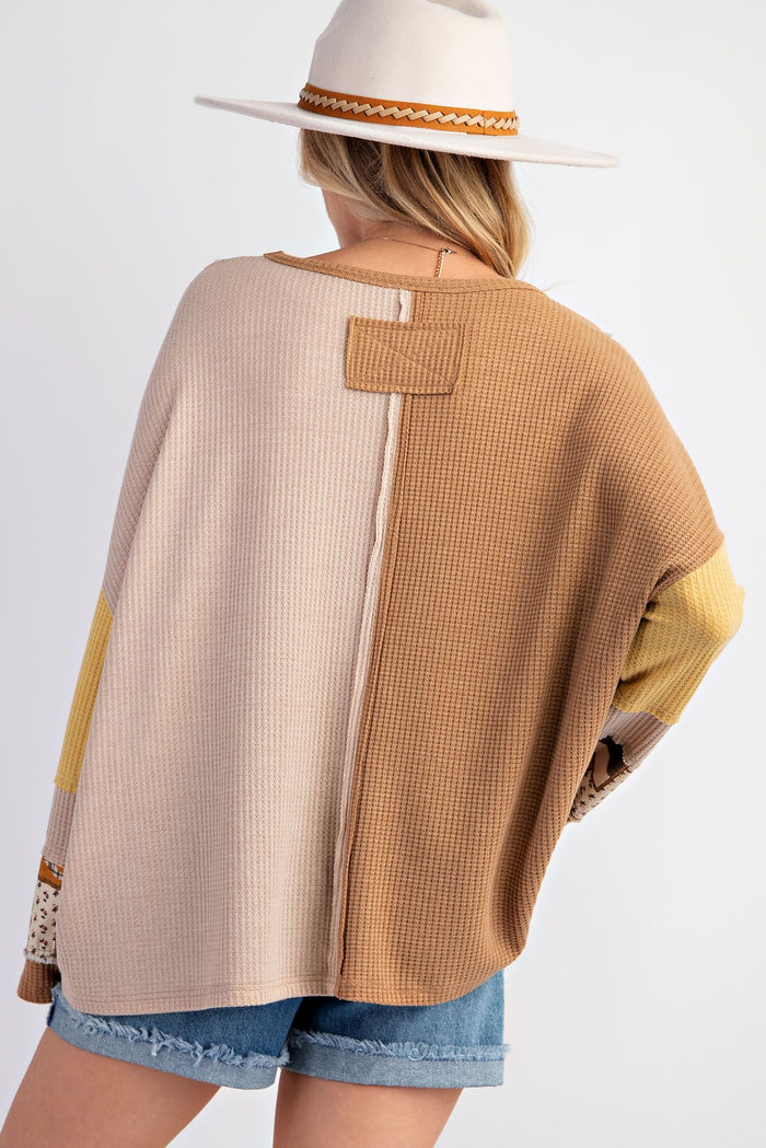 COLOR BLOCK THERMAL MINERAL WASHED PULLOVER