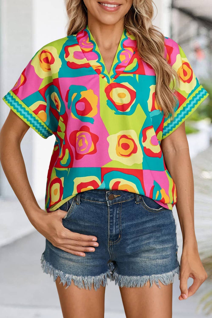 Colorblock Abstract Print Special Neck Blouse