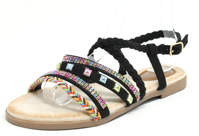Black sandal with colorful gemstones on a white background