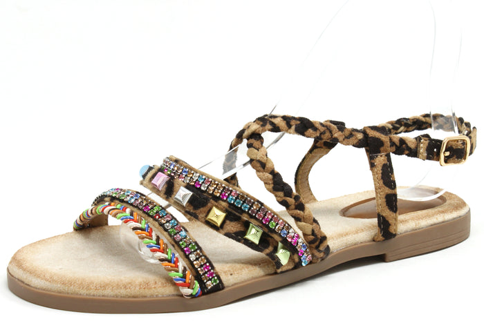 Leopard print sandal with colorful embellishments on a white background