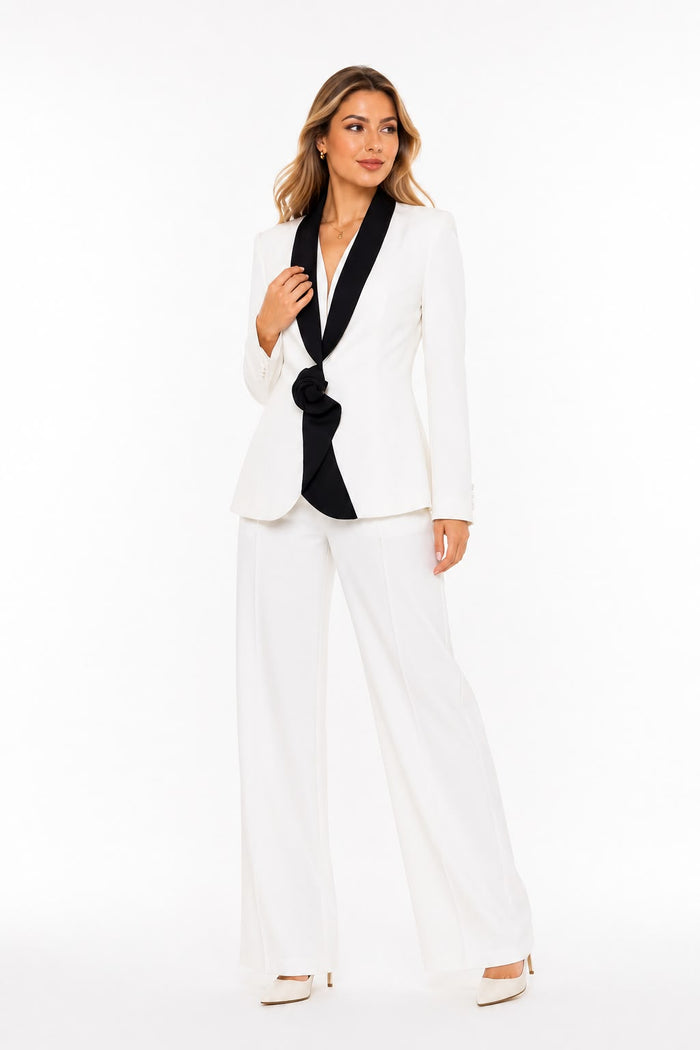 Contrast Lapel Blazer & Wide-Leg Pants Set - Luxe