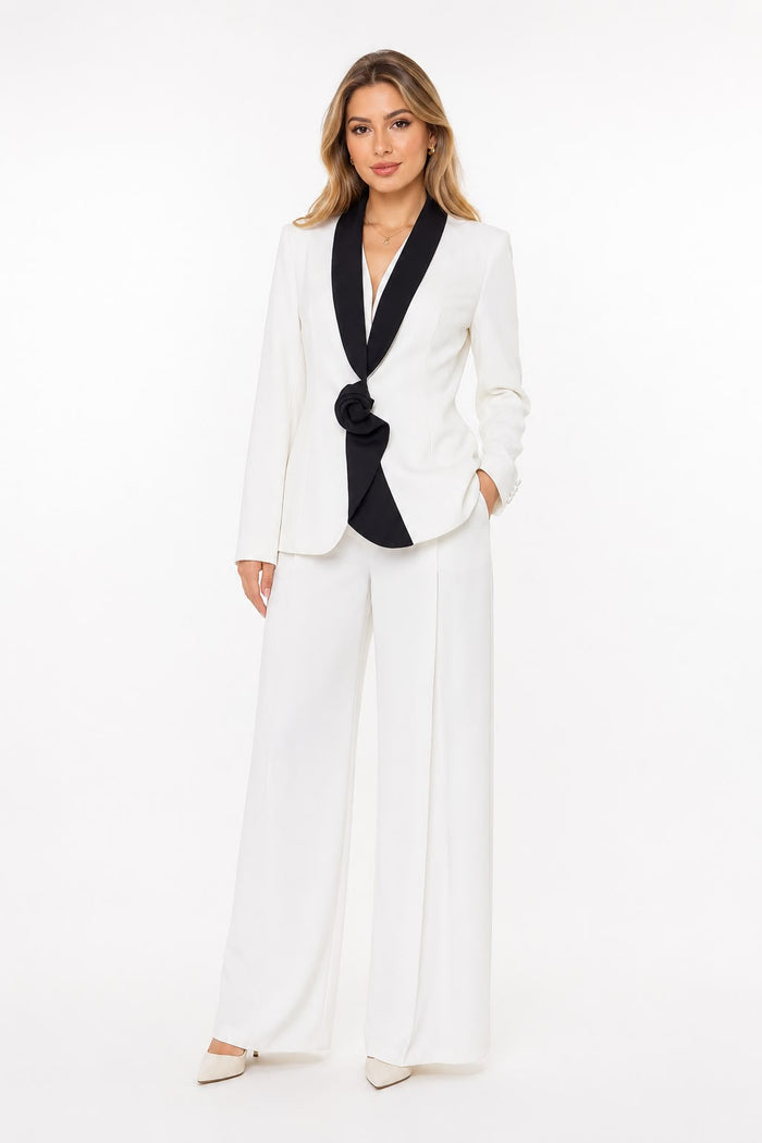 Contrast Lapel Blazer & Wide-Leg Pants Set - Luxe