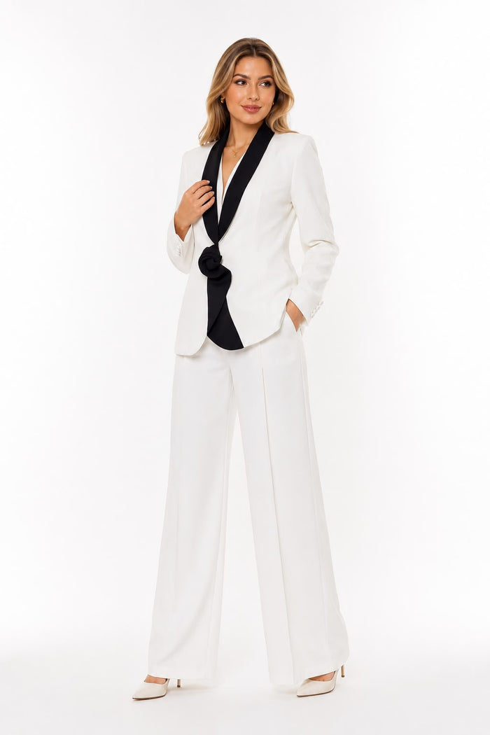 Contrast Lapel Blazer & Wide-Leg Pants Set - Luxe