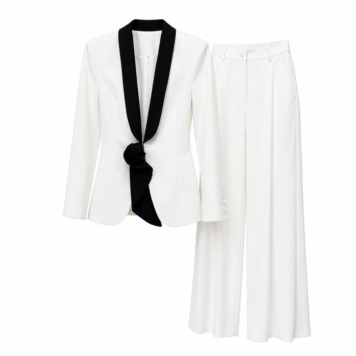 Contrast Lapel Blazer & Wide-Leg Pants Set - Luxe