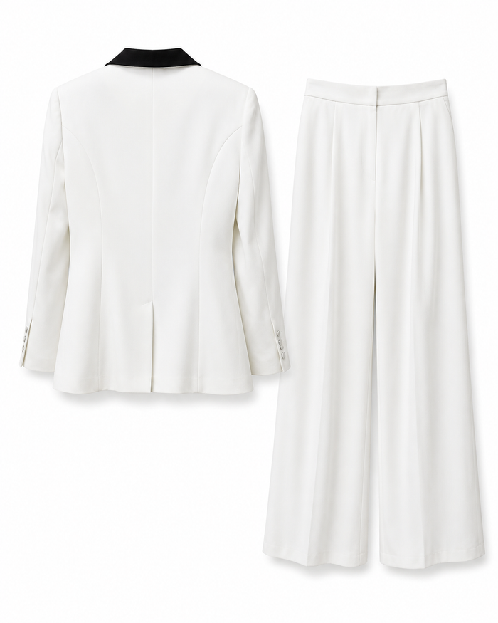 Contrast Lapel Blazer & Wide-Leg Pants Set - Luxe